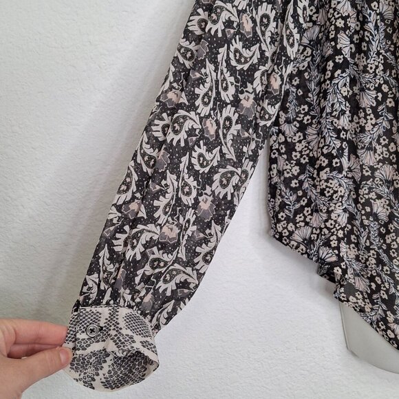 Free People Floral Paisley Snake Blouse Sz S Button Down Sheer Mix Media Boho - Picture 7 of 16